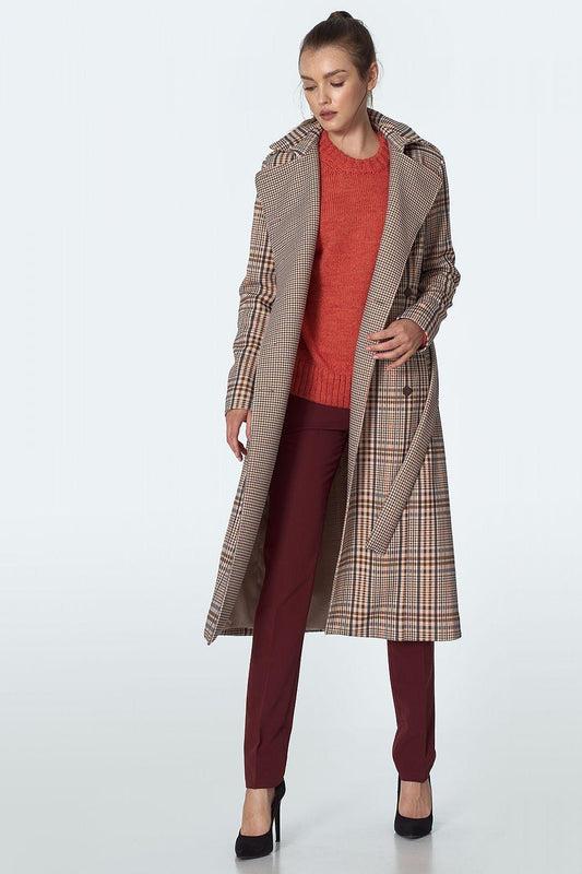 Belted plaid coat in tan and brown, long sleeves, self-belt waist