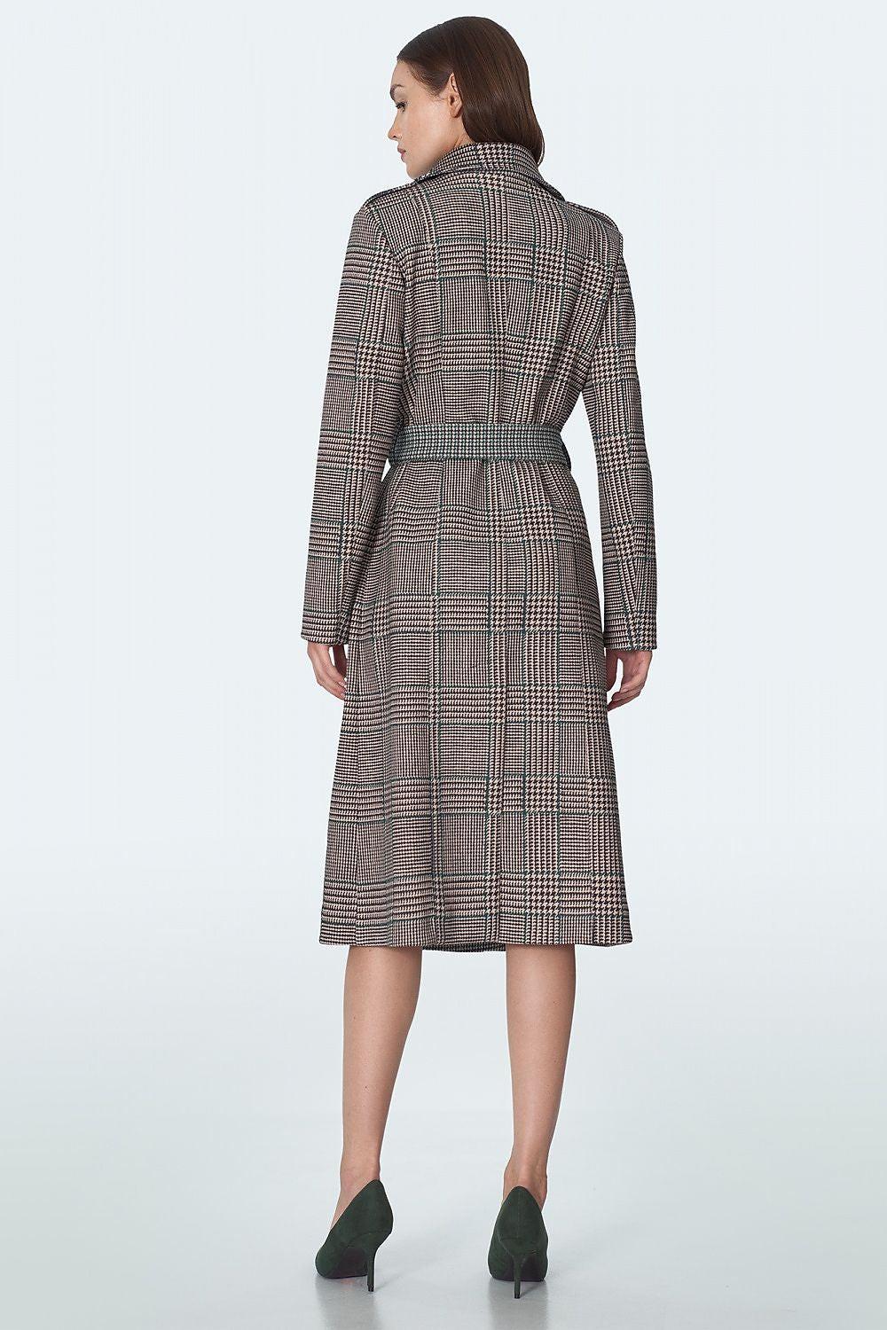 Brown plaid belted coat with long sleeves and back view with vented hem