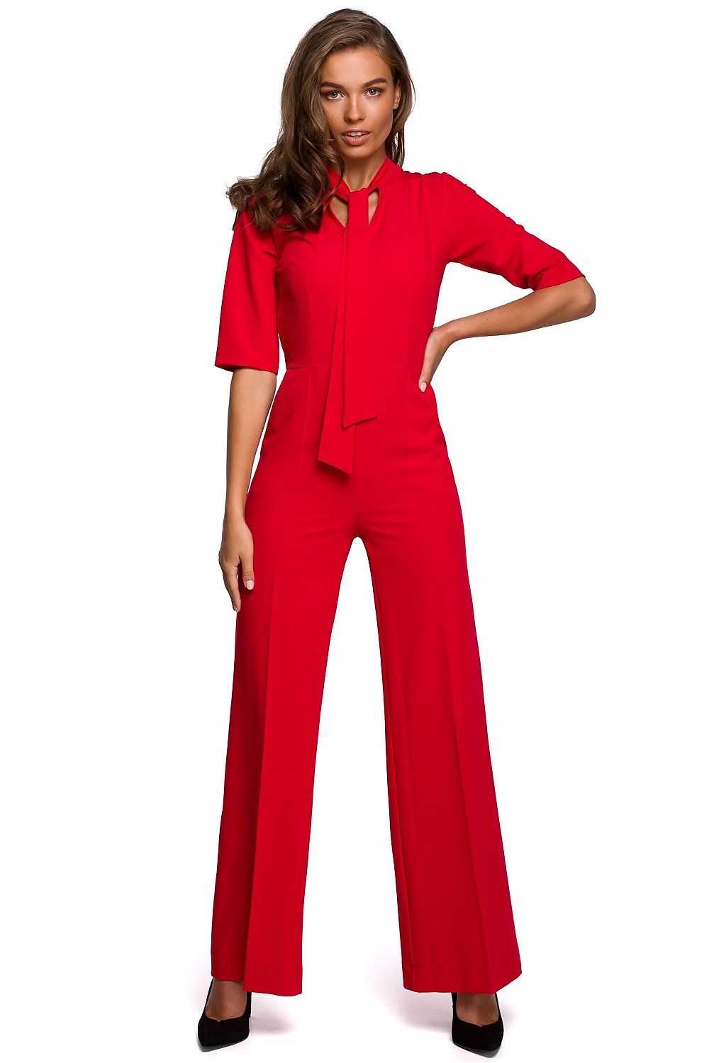 Red V-neck wide-leg jumpsuit with short sleeves and front tie