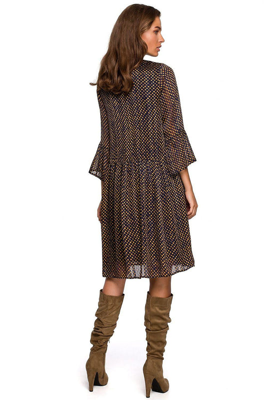 Dark speckled day dress, long sleeves, midi length, gathered waist, flared skirt