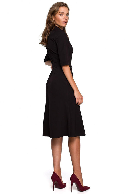Black day dress with V-neck and 3/4 sleeves, midi length, side view