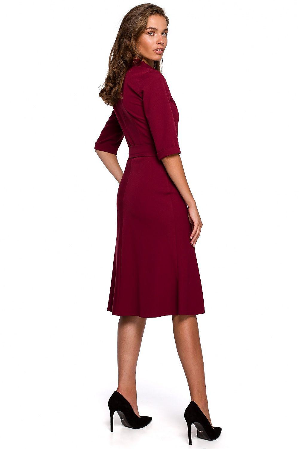 Burgundy daydress with 3/4 sleeves and collared neckline, studded waist belt