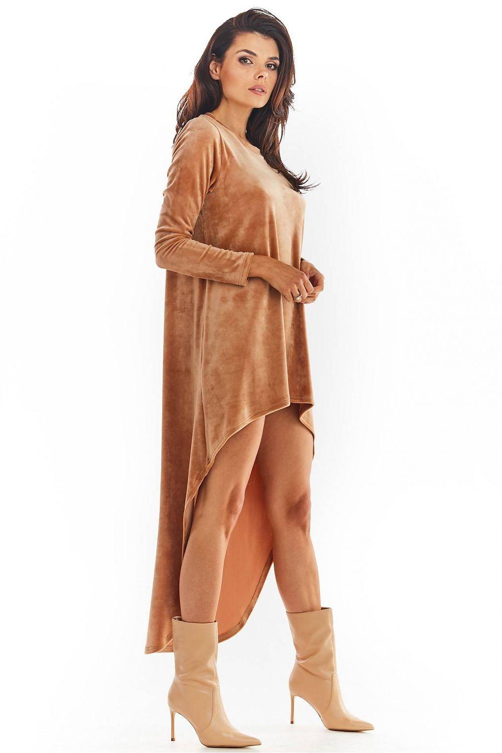 Awama beige velvet daydress with long sleeves and asymmetrical high-low hem