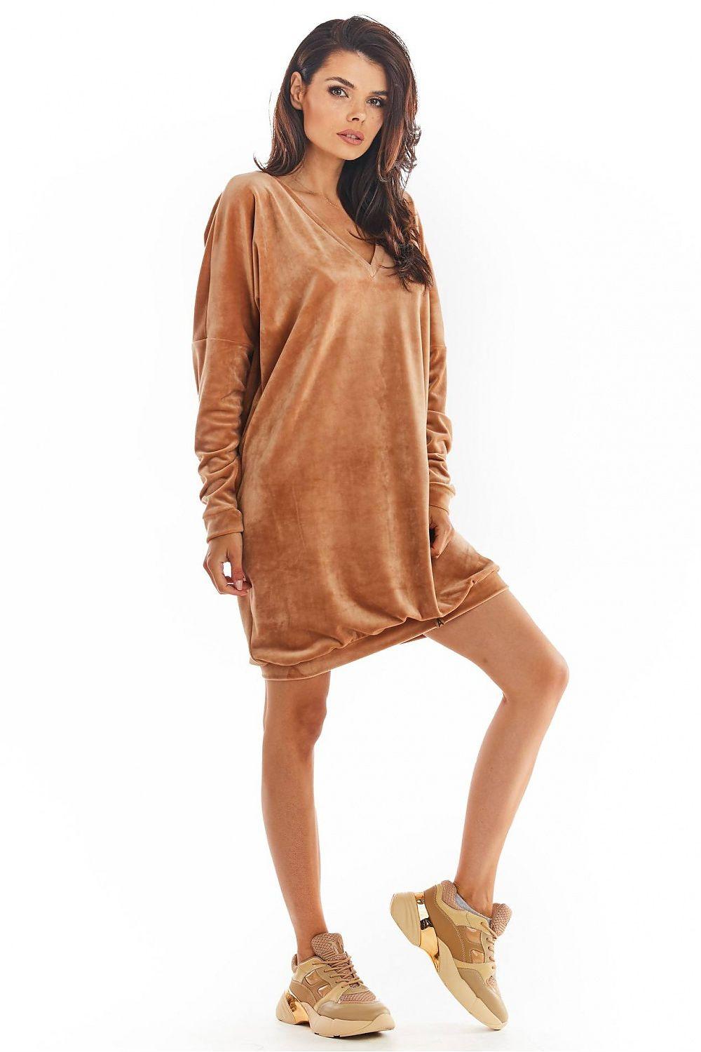 Beige day dress with V-neck, long sleeves, relaxed fit, above-knee length