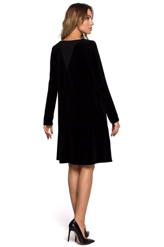 Black long-sleeve cocktail dress, back view, flared skirt, knee length