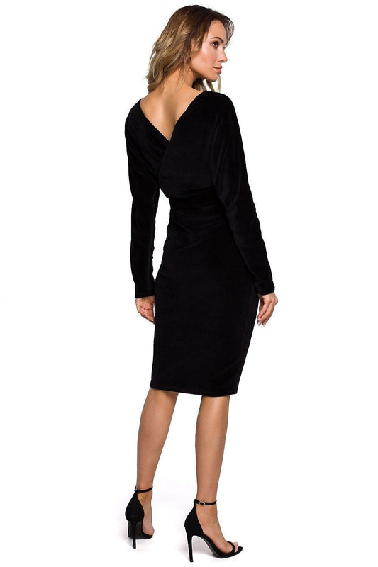 Black day dress, long sleeves, V-back neckline, fitted waist tie, knee-length