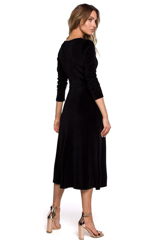Moe black midi evening dress, side view, fitted bodice and flared skirt