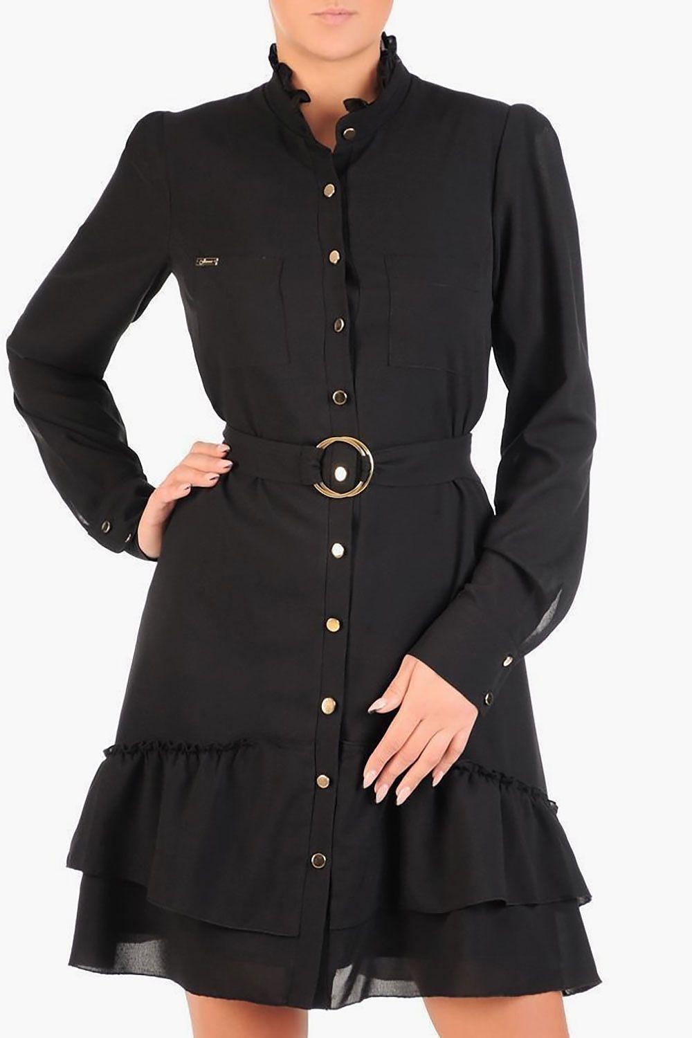 Black cocktail dress with button front, waist belt, and layered ruffle hem