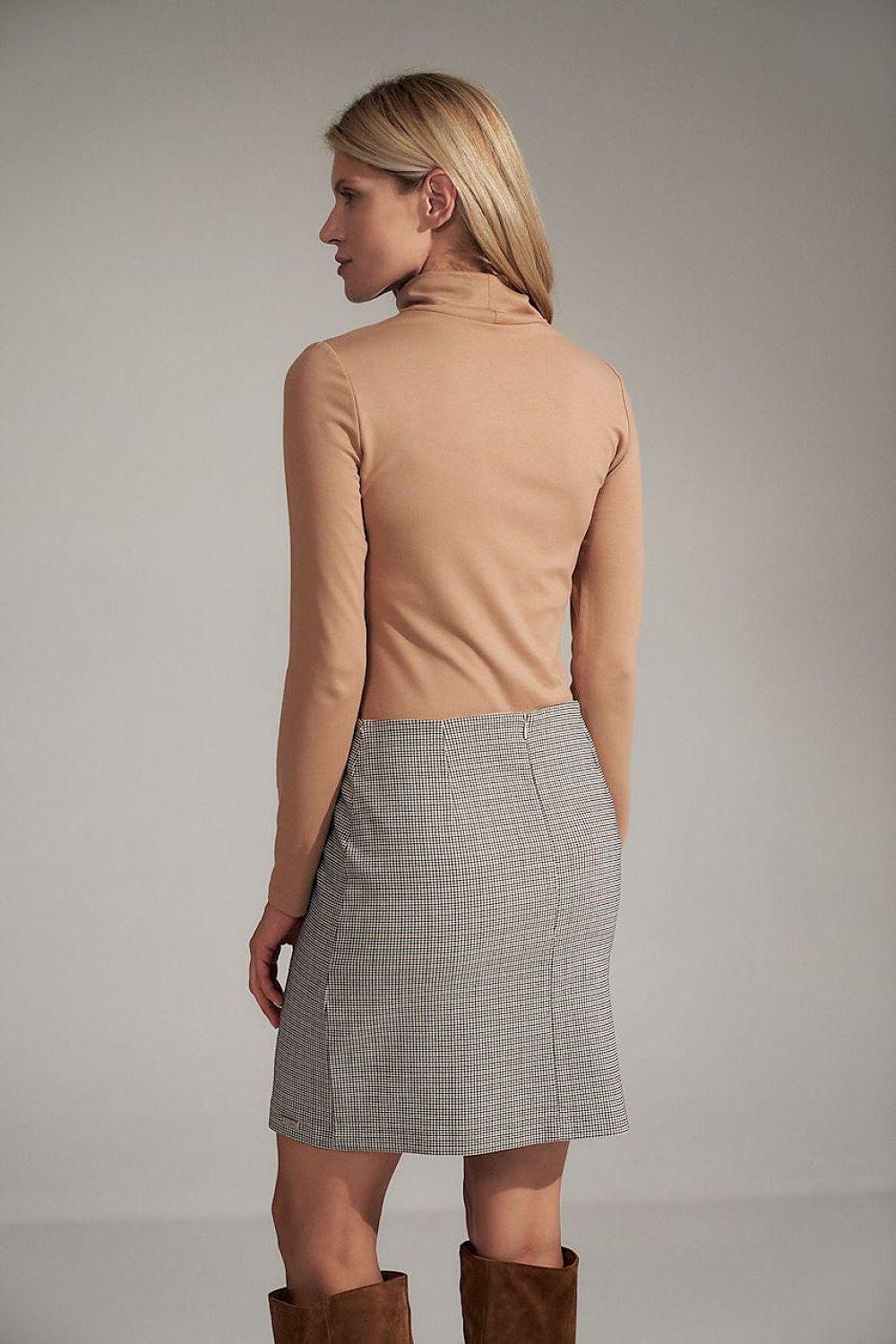 Beige long-sleeve blouse with high back and fitted drape neckline