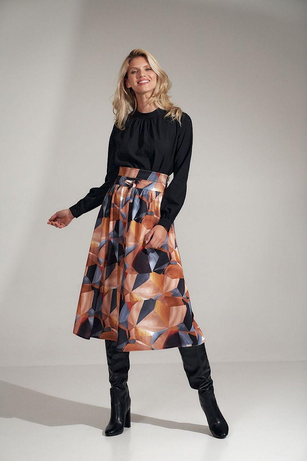 Black long-sleeve blouse with gathered high neckline