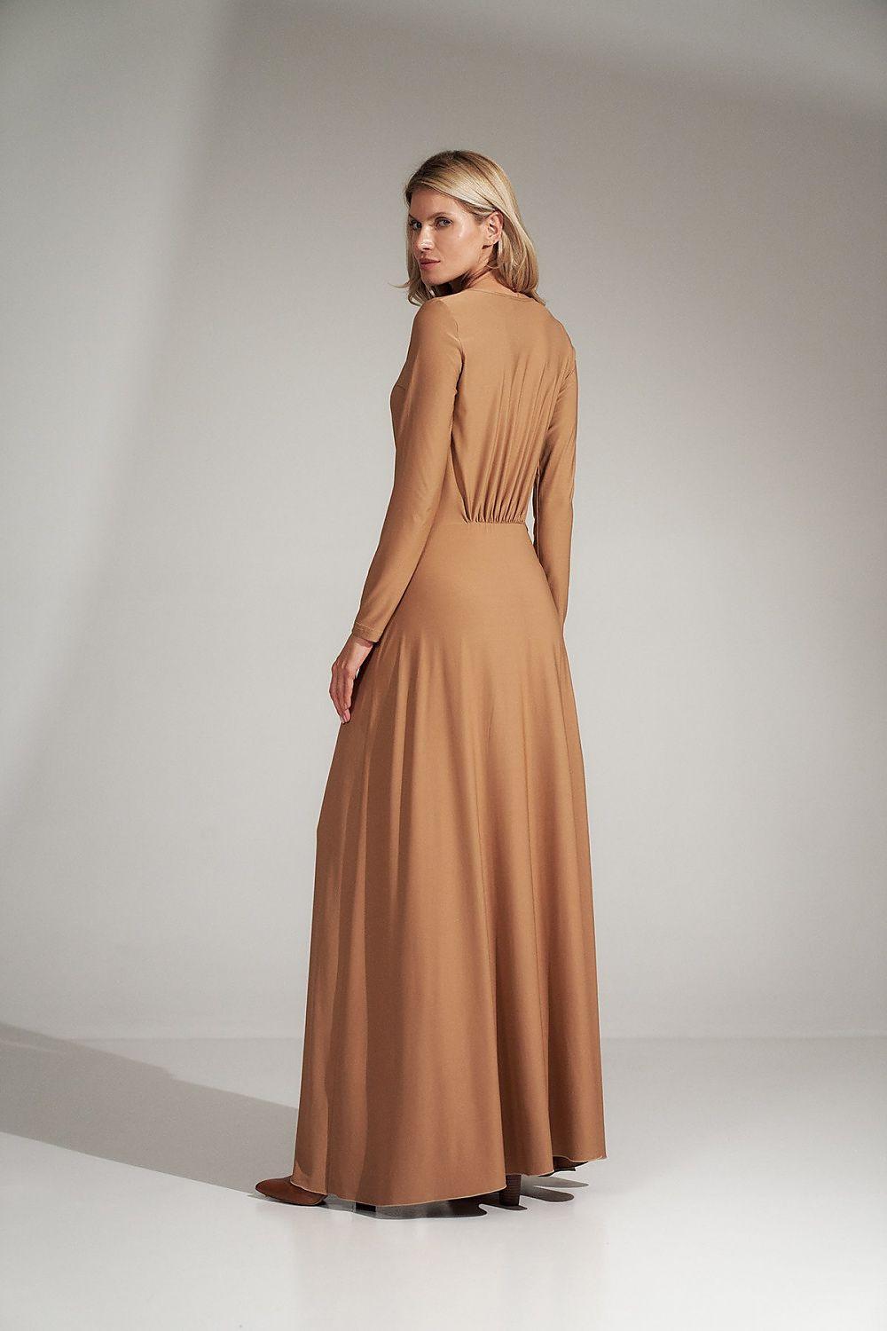 Beige long-sleeve maxi daydress, V-neck front and full back with pleated skirt