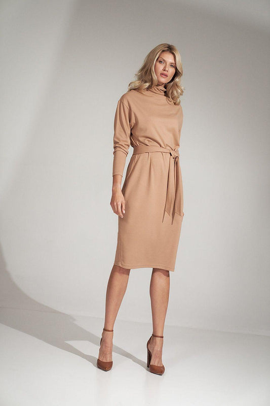 Beige daydress with long sleeves, high neckline and waist tie detail