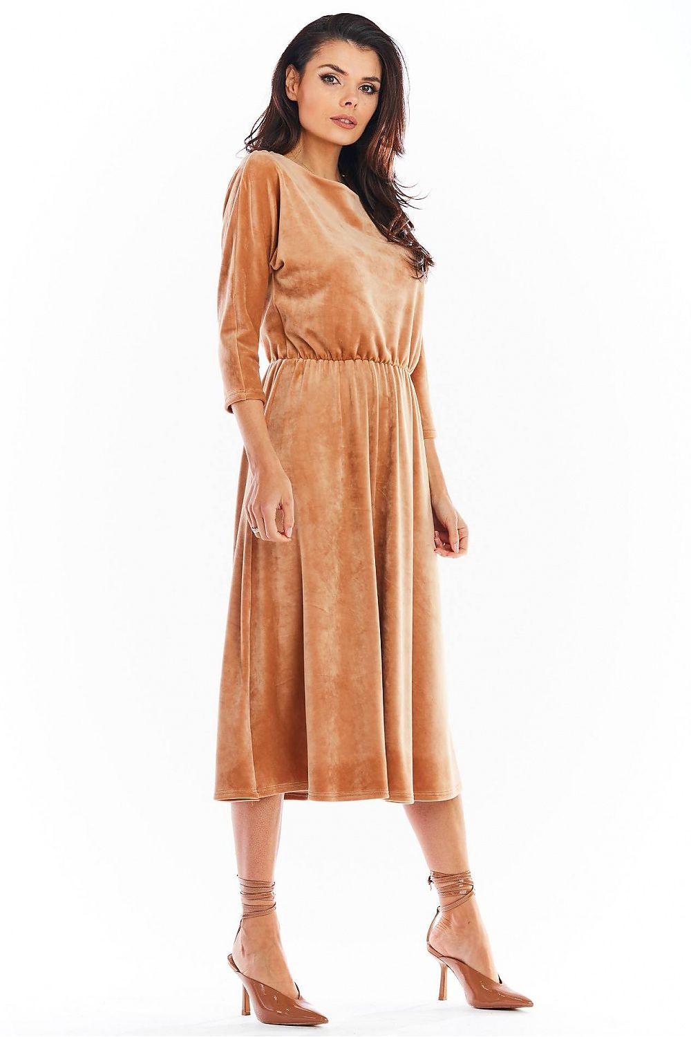 Beige evening dress, scoop neckline, 3/4 sleeves, belted waist, midi A-line, front view