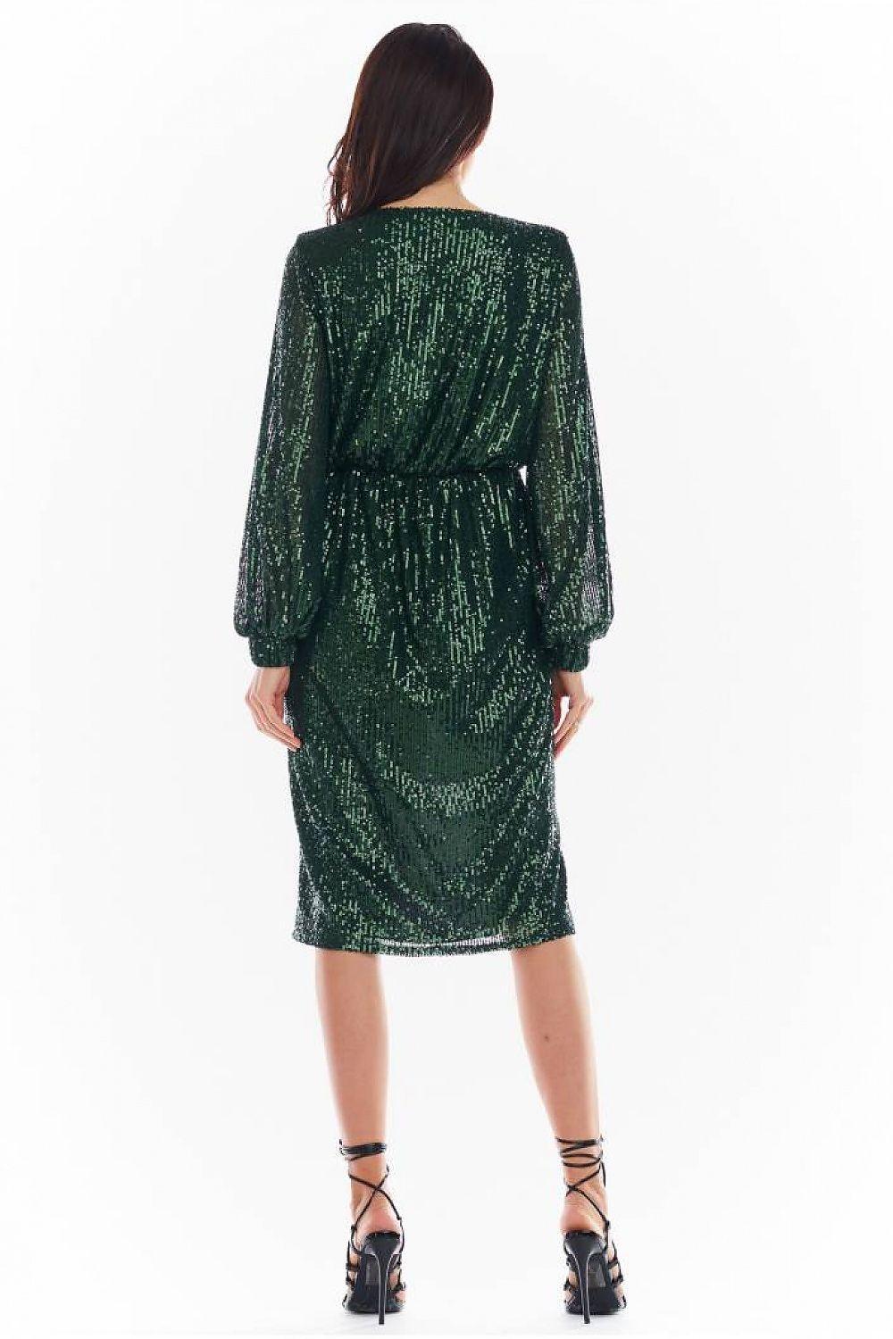 Green shimmer evening dress with belted waist and three-quarter sleeves