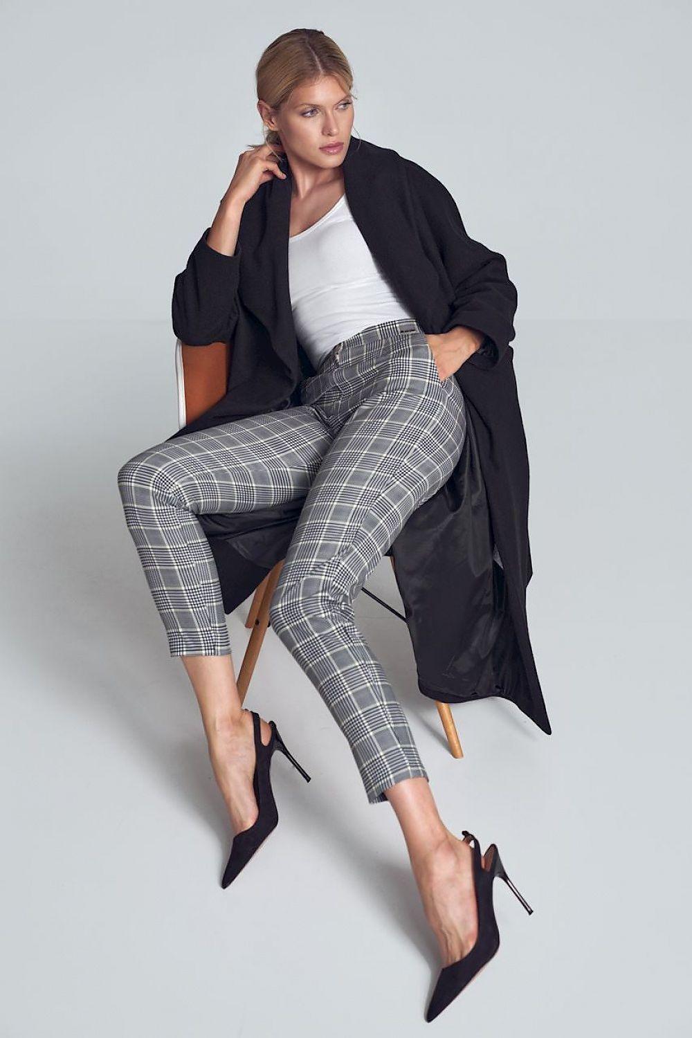 Figl women’s grey plaid cropped trousers, slim fit, angled sitting view, ankle length
