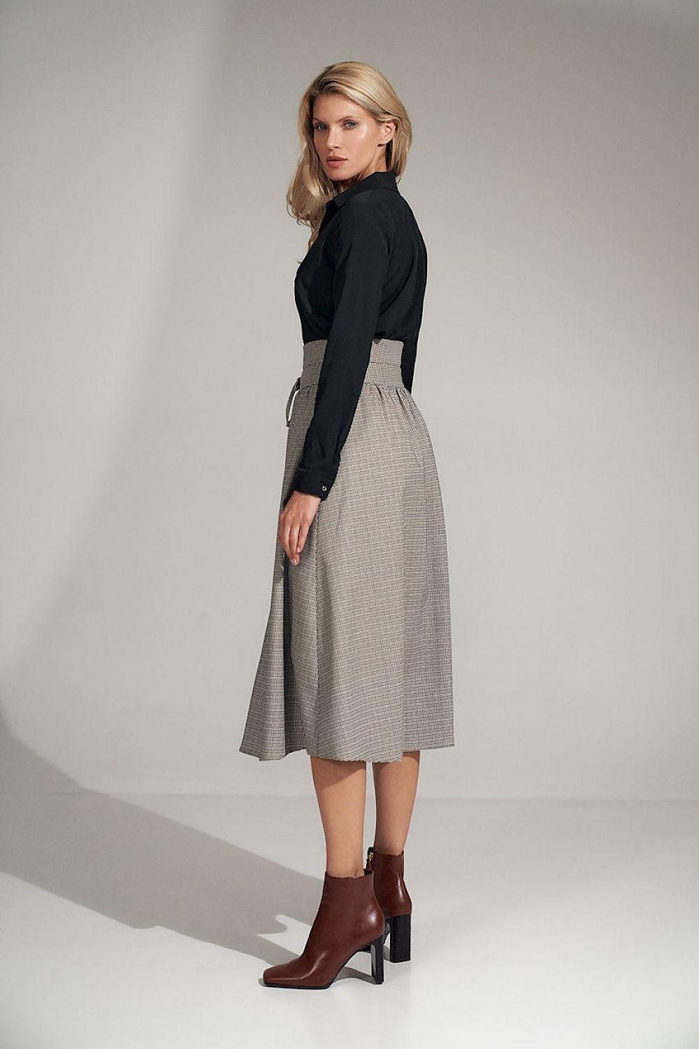 Grey midi skirt with gathered waistband and flared mid-calf silhouette