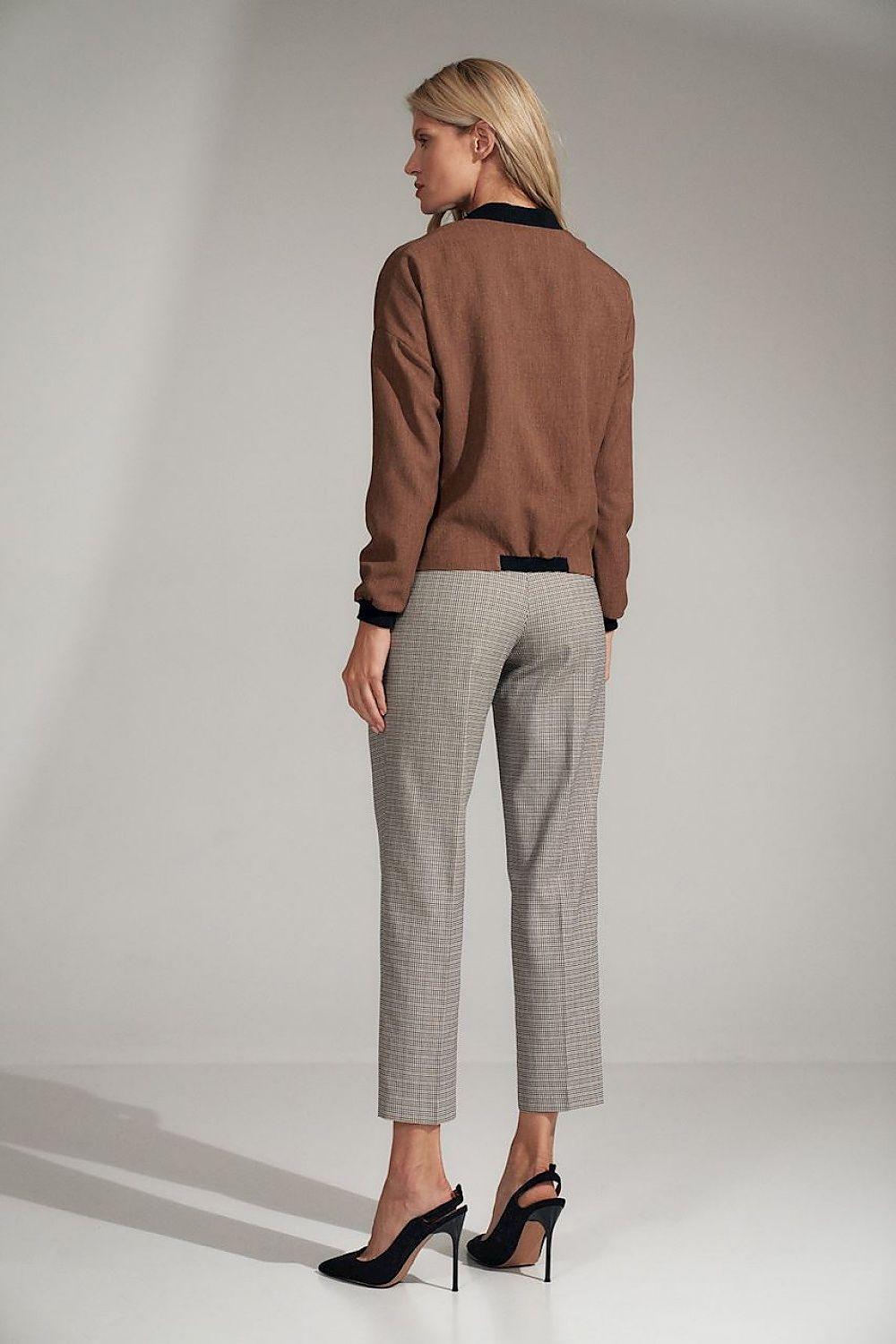 Women’s trousers in light grey with dark check, back view, high waist, ankle tapered leg