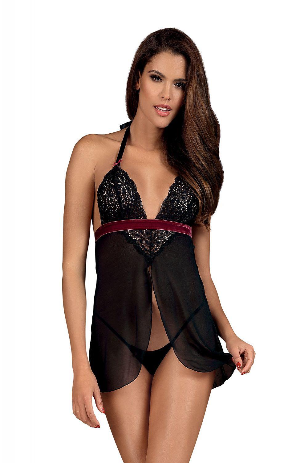 Black lace lingerie set with triangle bra and sheer mesh mini skirt, tie front