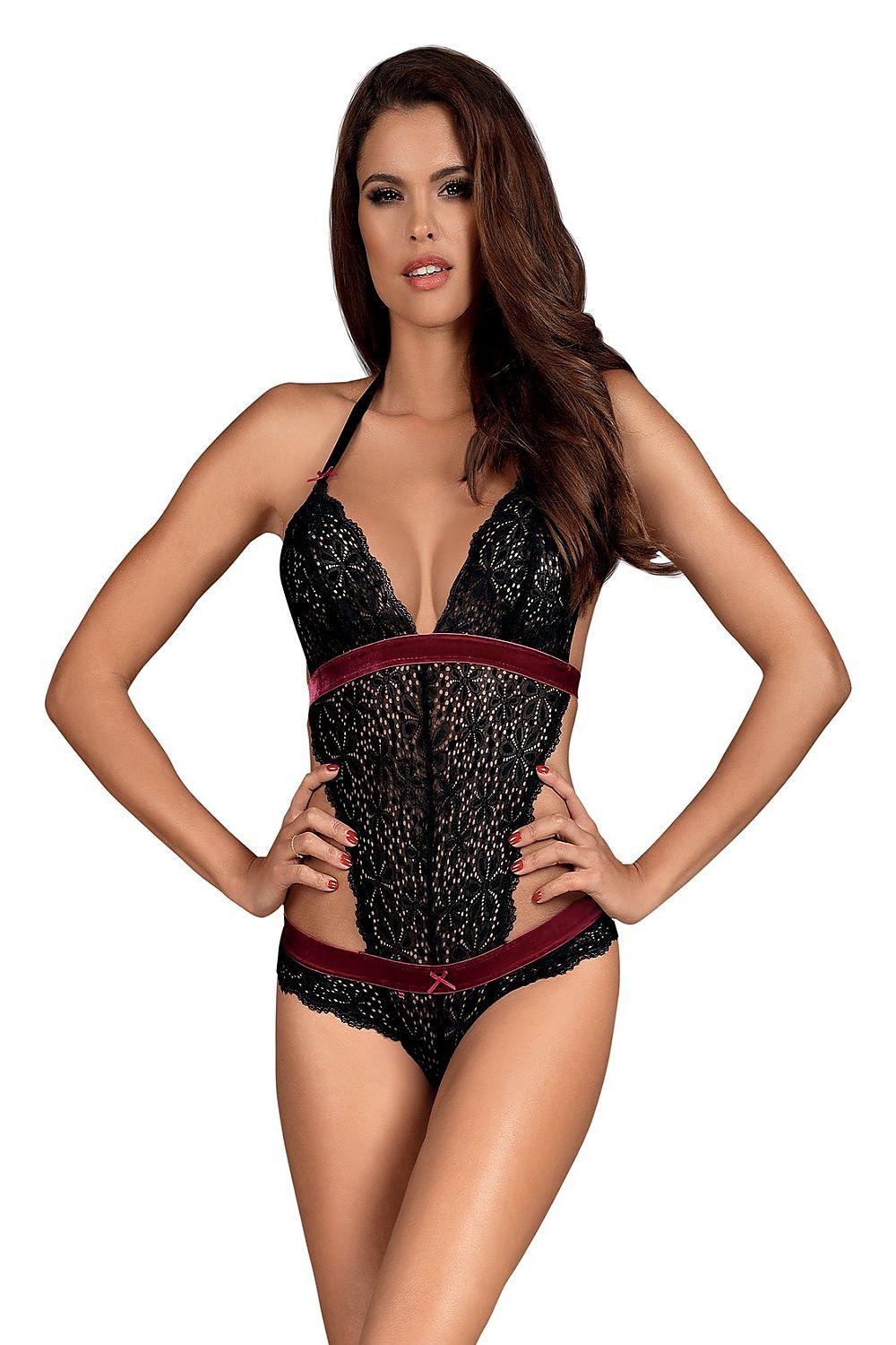 Obsessive shapewear body in black lace with red underbust band and thong cut