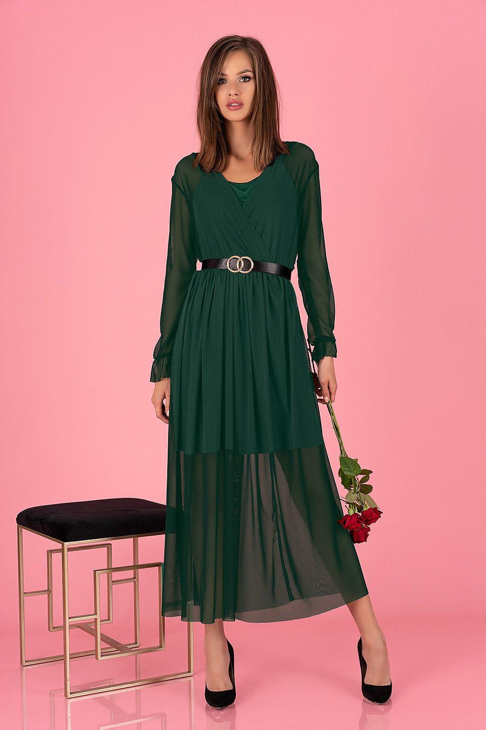 Green long-sleeve cocktail dress with waist belt and layered midi skirt