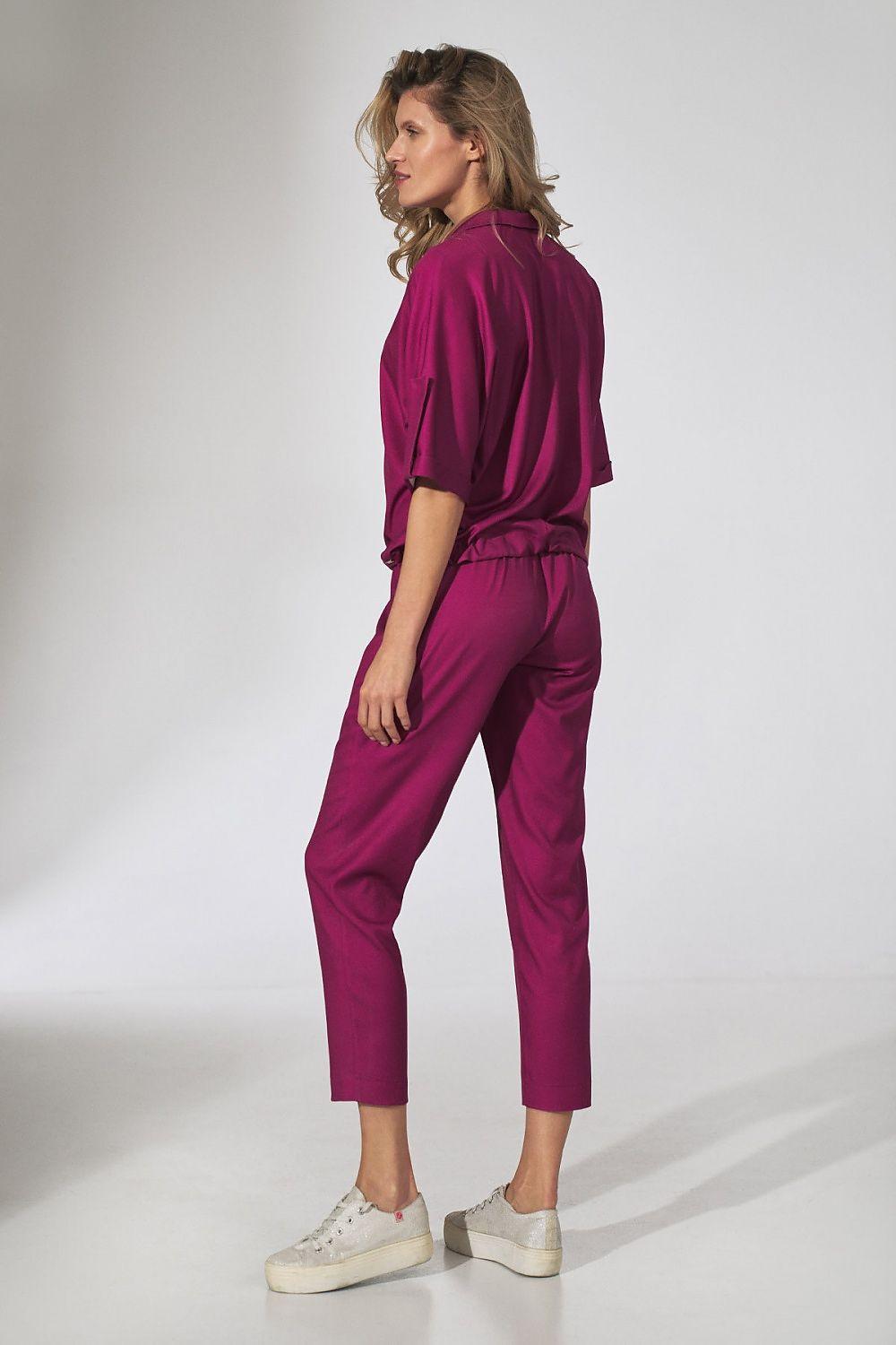 Women’s violet ankle trousers, side view, drawstring waist with tapered leg
