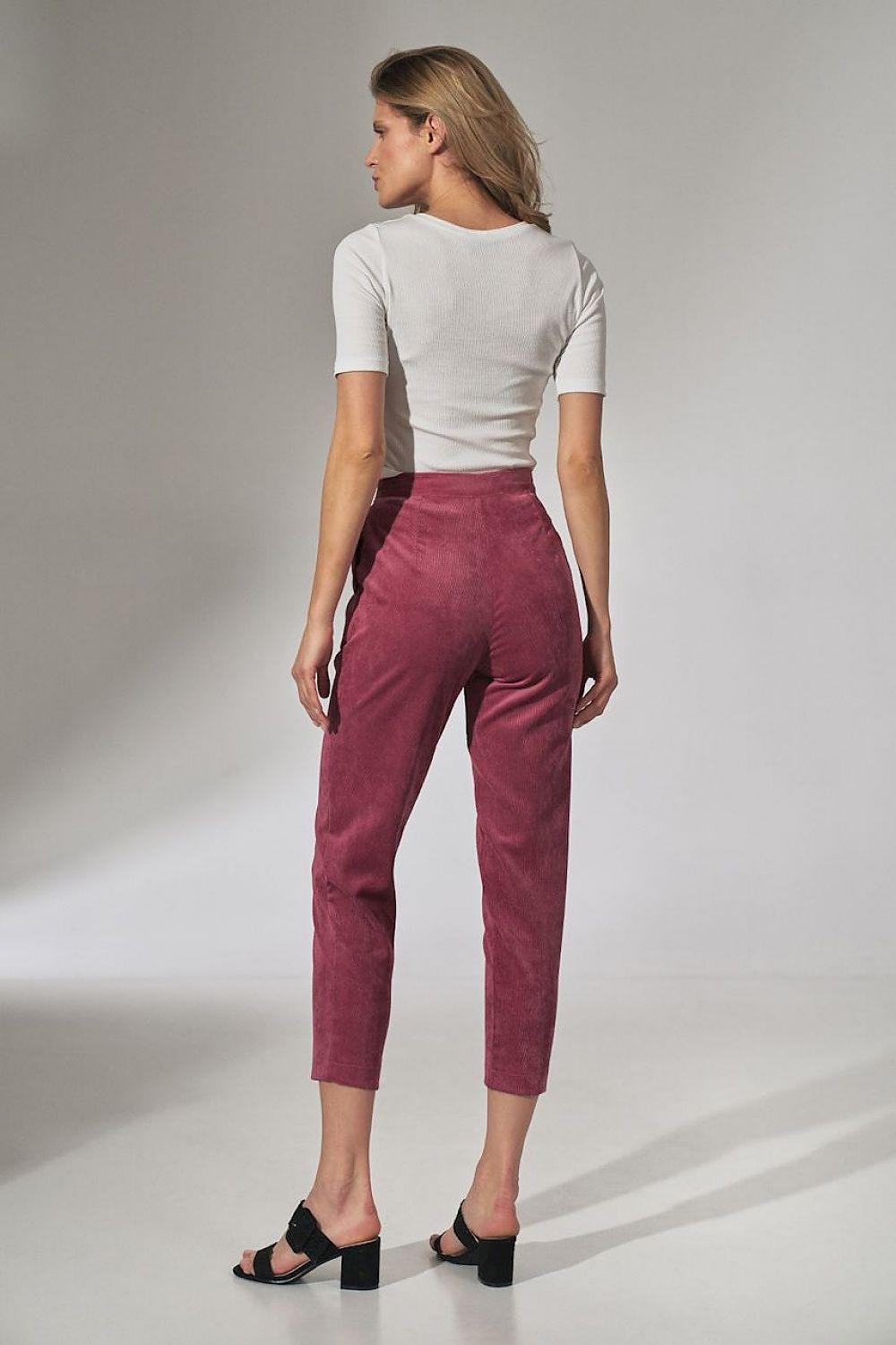 Women’s Figl pink trousers, side view, slim ankle-cropped cut with belt loops