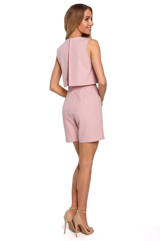 Pink sleeveless suit set, back view, cropped overlay and matching tie-front shorts