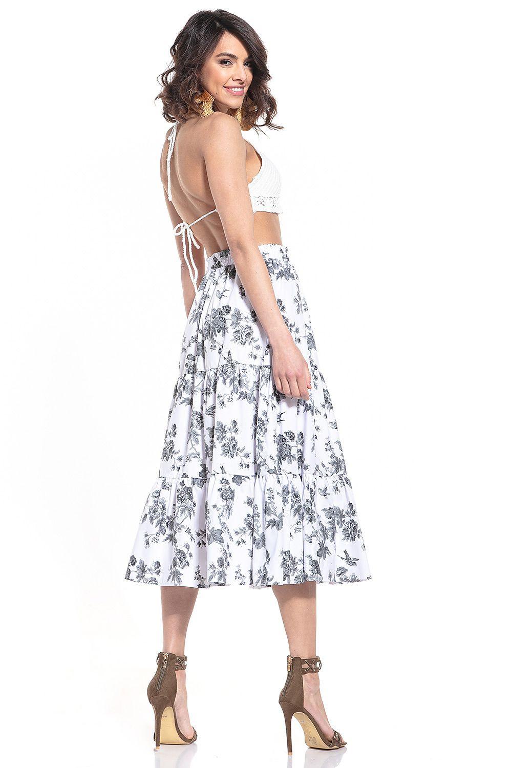 Tessita long skirt, white floral print, tiered flared midi skirt, back view