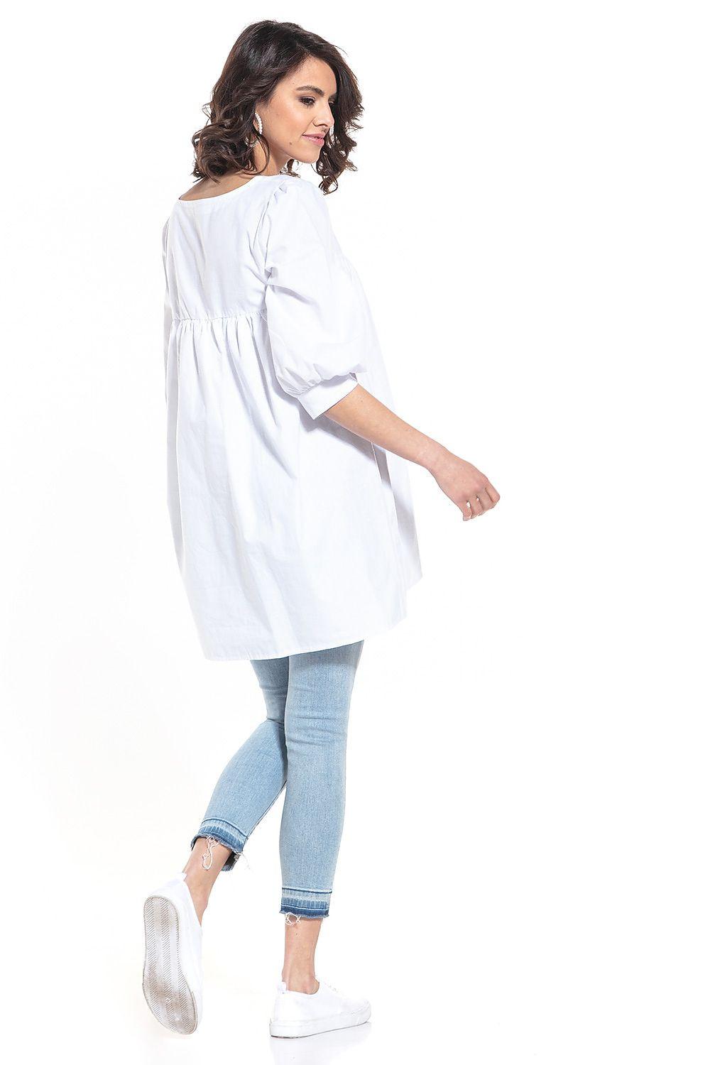 Tessita tunic in white with V-neck, billowy sleeves, and straight tunic hem