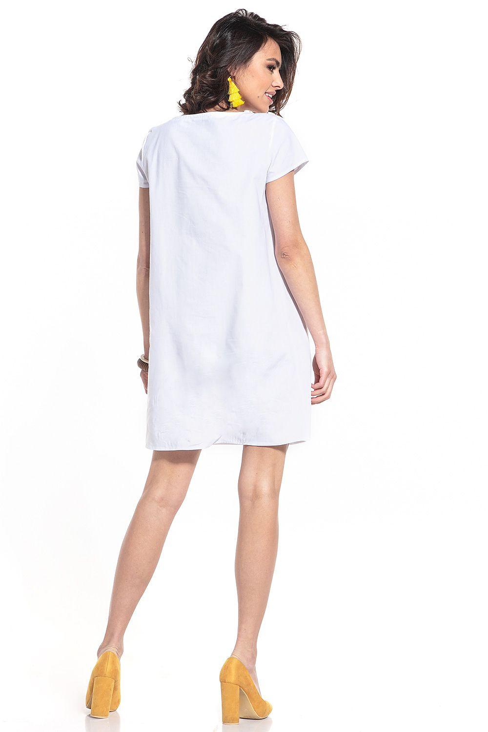 Back view white day dress with short sleeves and straight above-knee hem