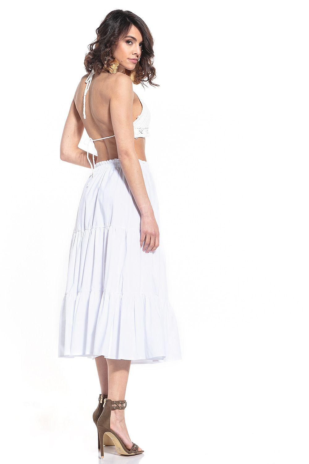 Long tiered skirt with ruffled tiers and elastic waistband, white side view