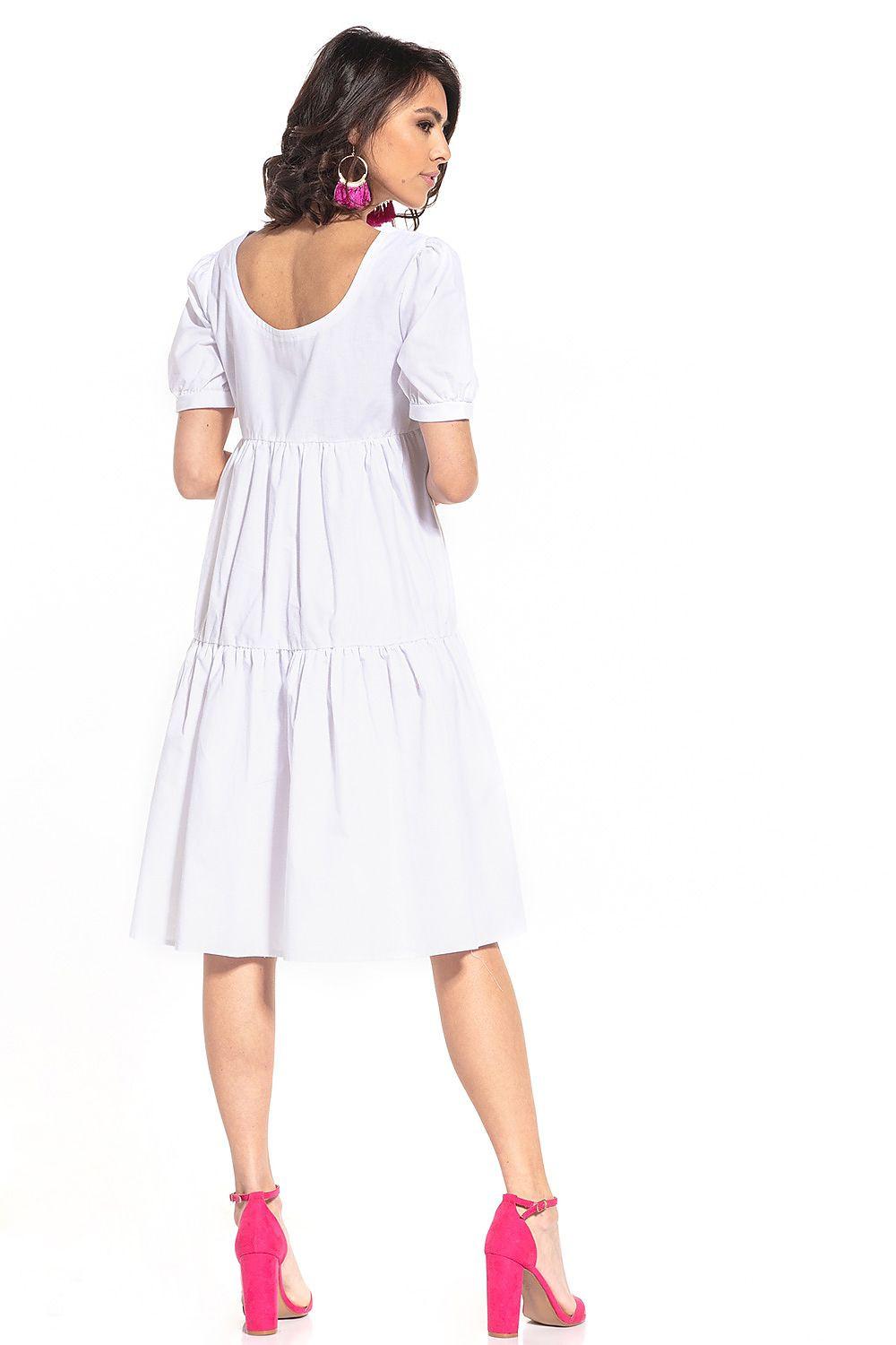 Tessita daydress in white with scoop back, puff sleeves and tiered skirt