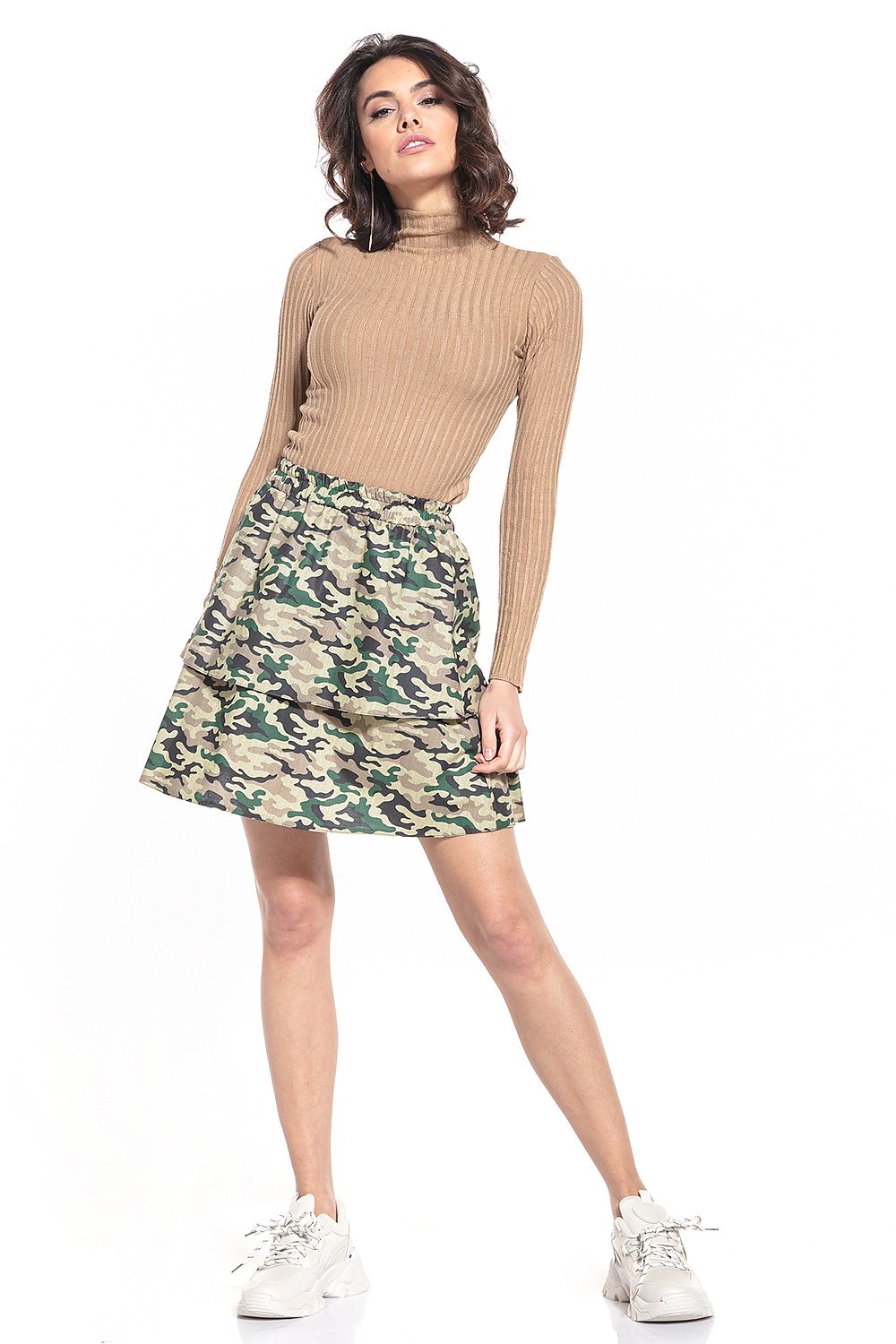 Camo print mini skirt with double frill hem, multicolor