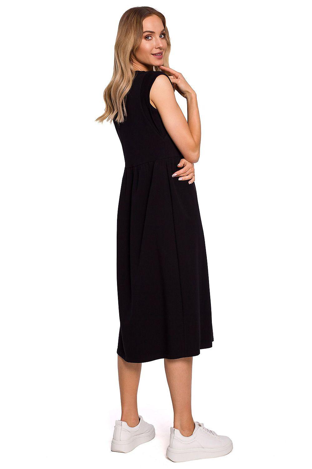 Black sleeveless midi daydress, gathered waist, back view