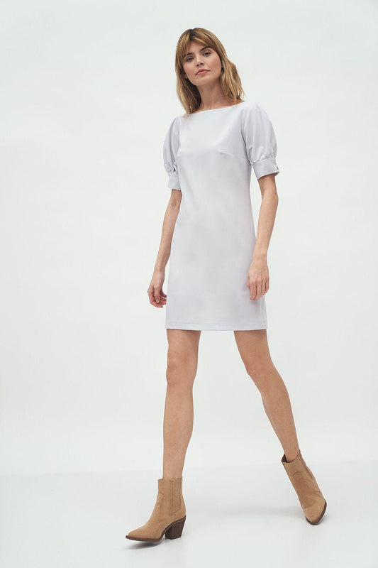 Grey day dress with puff sleeves and fitted waist, knee length