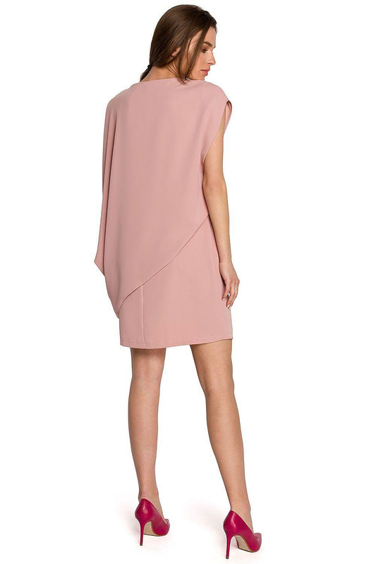 Pink day dress with round neck, short sleeves, and draped back panel detail