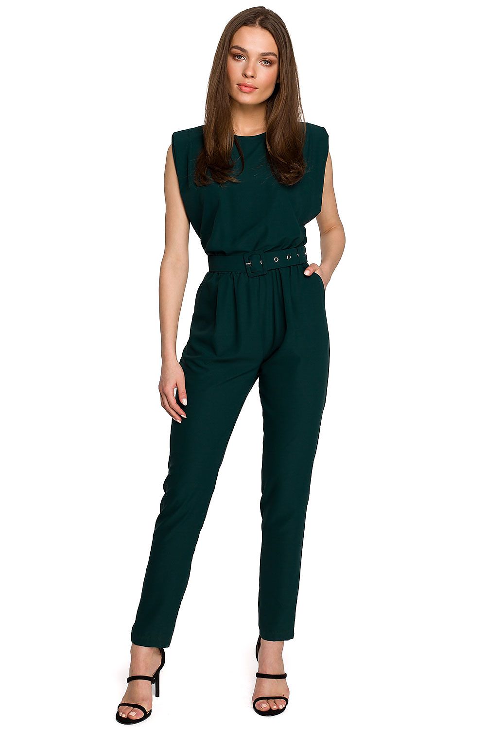 Green belted sleeveless jumpsuit with crew neck and straight leg trousers