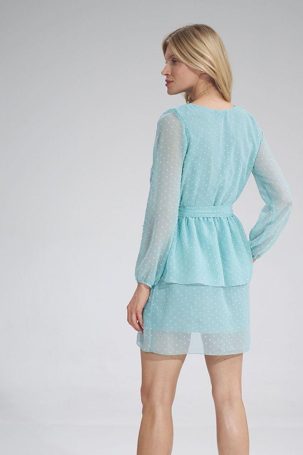 Teal long-sleeve daydress with tie waist and speckled sheer look
