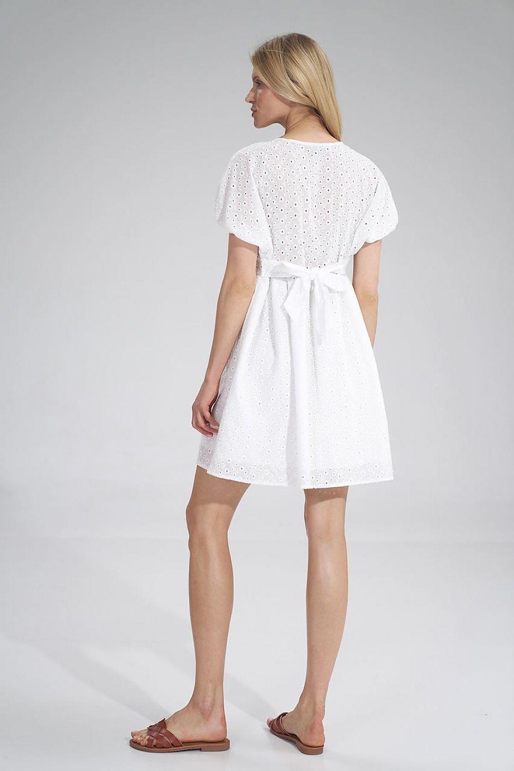Figl white daydress back view with eyelet fabric and ribbon-tied waist