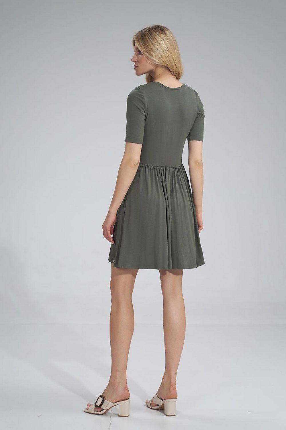 Figl day dress in olive green, short sleeves, back view, gathered waist flared skirt