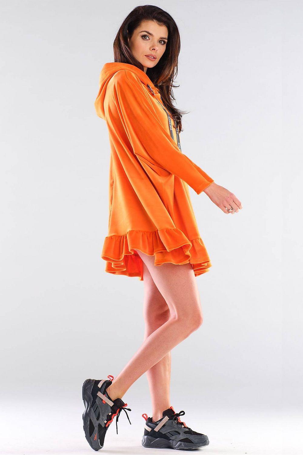 Awama orange hoodie daydress with hood, ruffled hem, and long sleeves