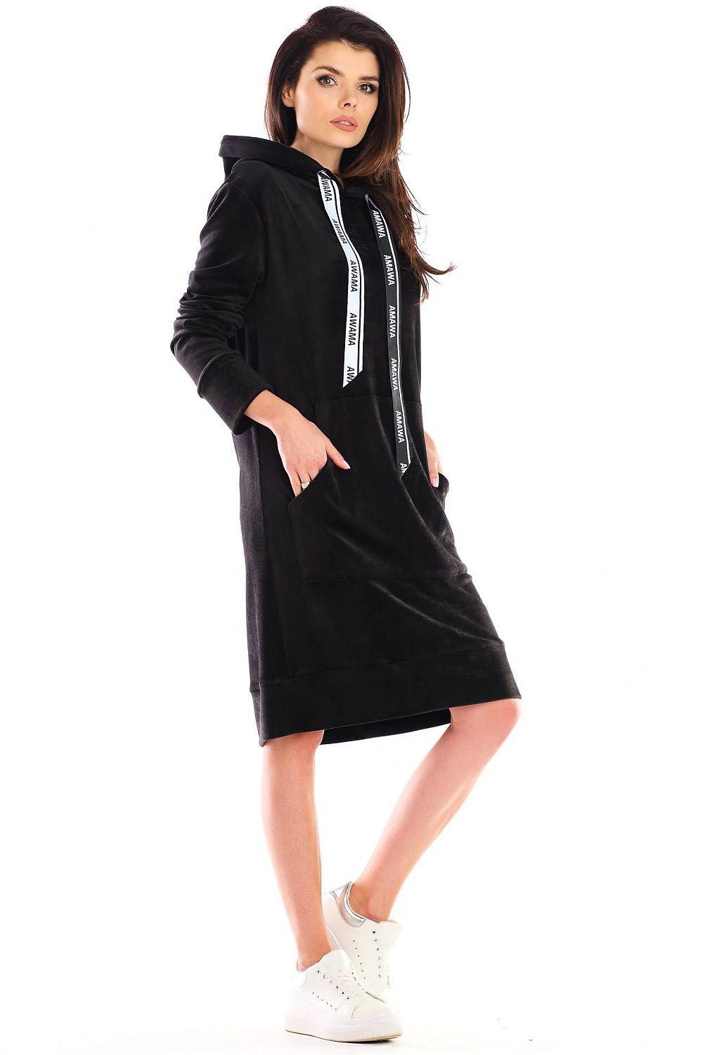 Black hooded daydress with long sleeves, front graphic placket stripes, knee-length hem