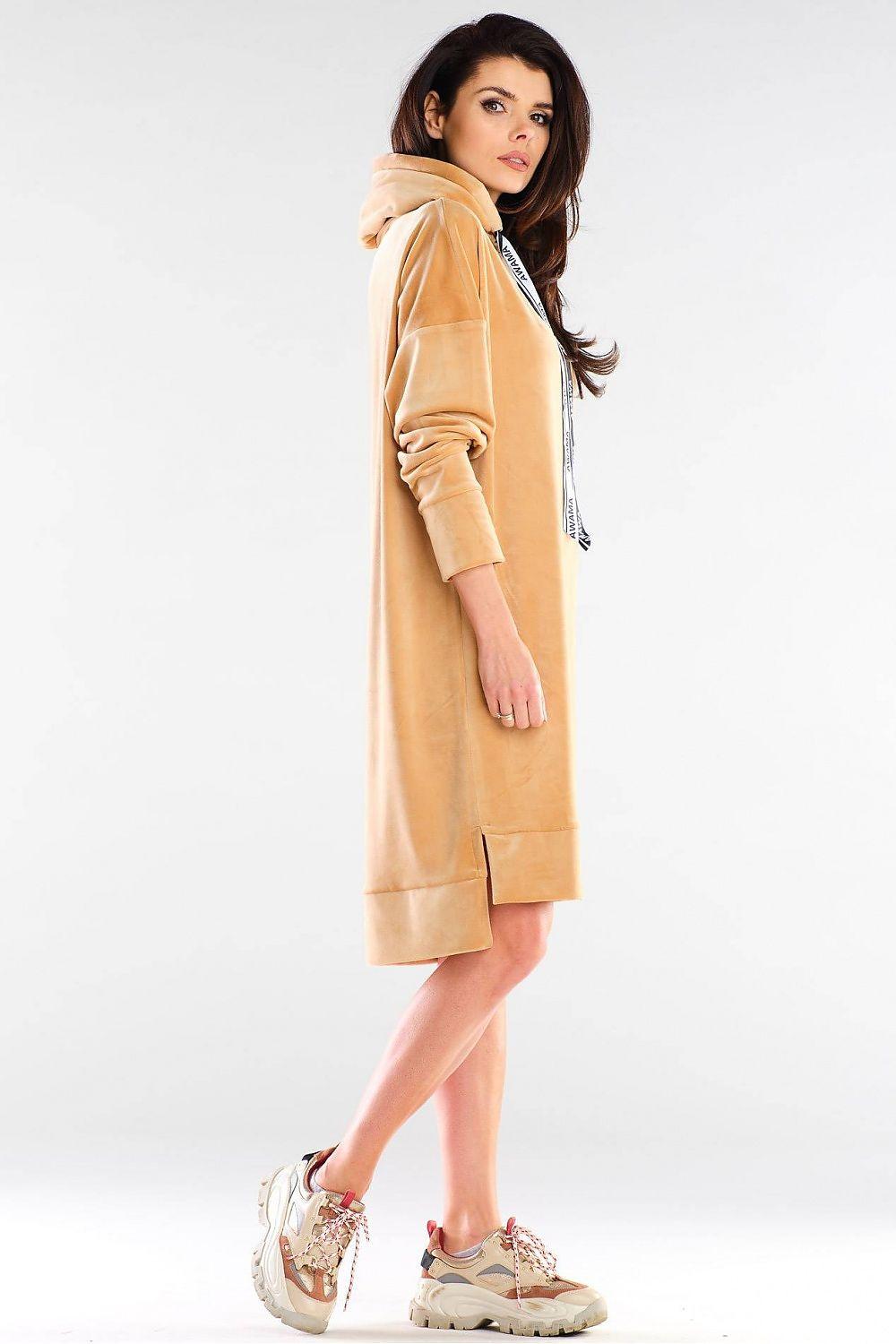 Beige hooded daydress, long sleeves, relaxed fit with drawstring neck detail.