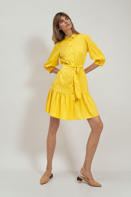 Yellow daydress with waist tie and tiered frill hem, 3/4 sleeves, button front