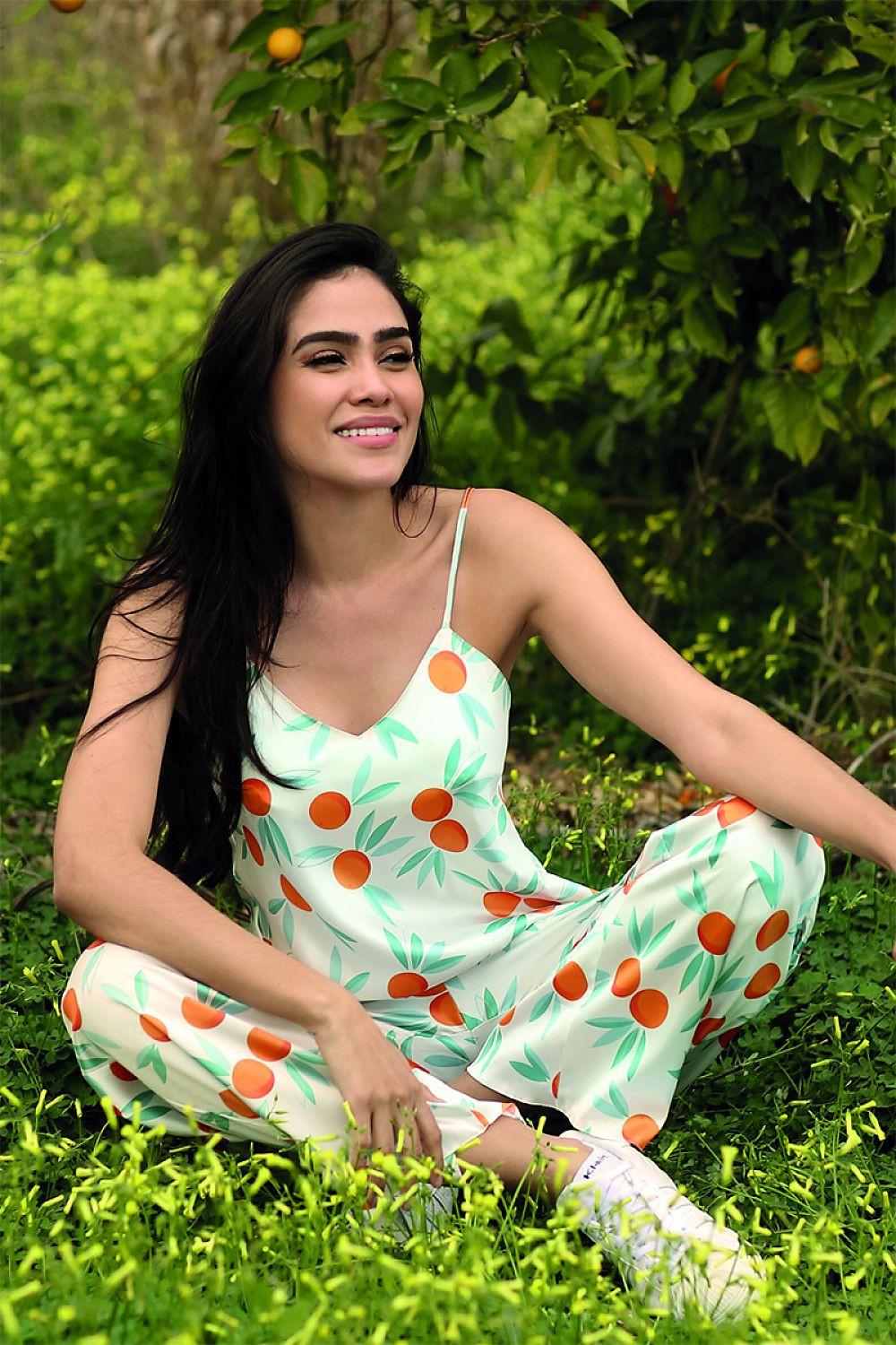 DKaren sexy set: white camisole and long pajama pants, orange and green fruit pattern