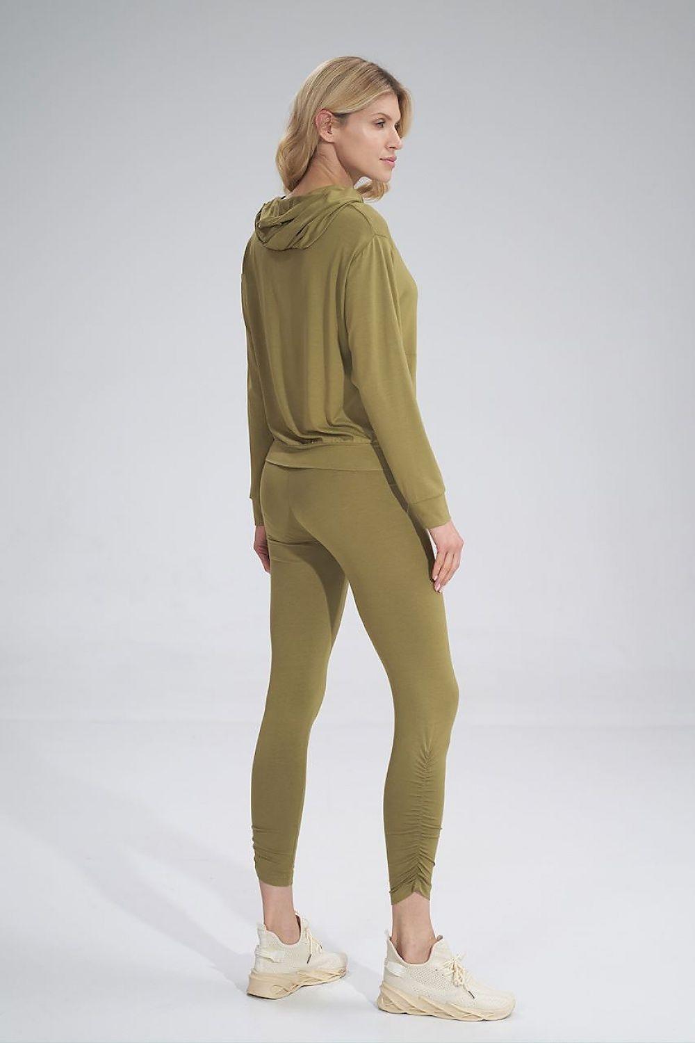 Women’s fitted long leggings with wide waistband, olive green, side view