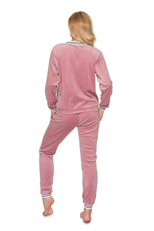 Pink velour tracksuit set, back view with contrast stripes at cuffs and ankles