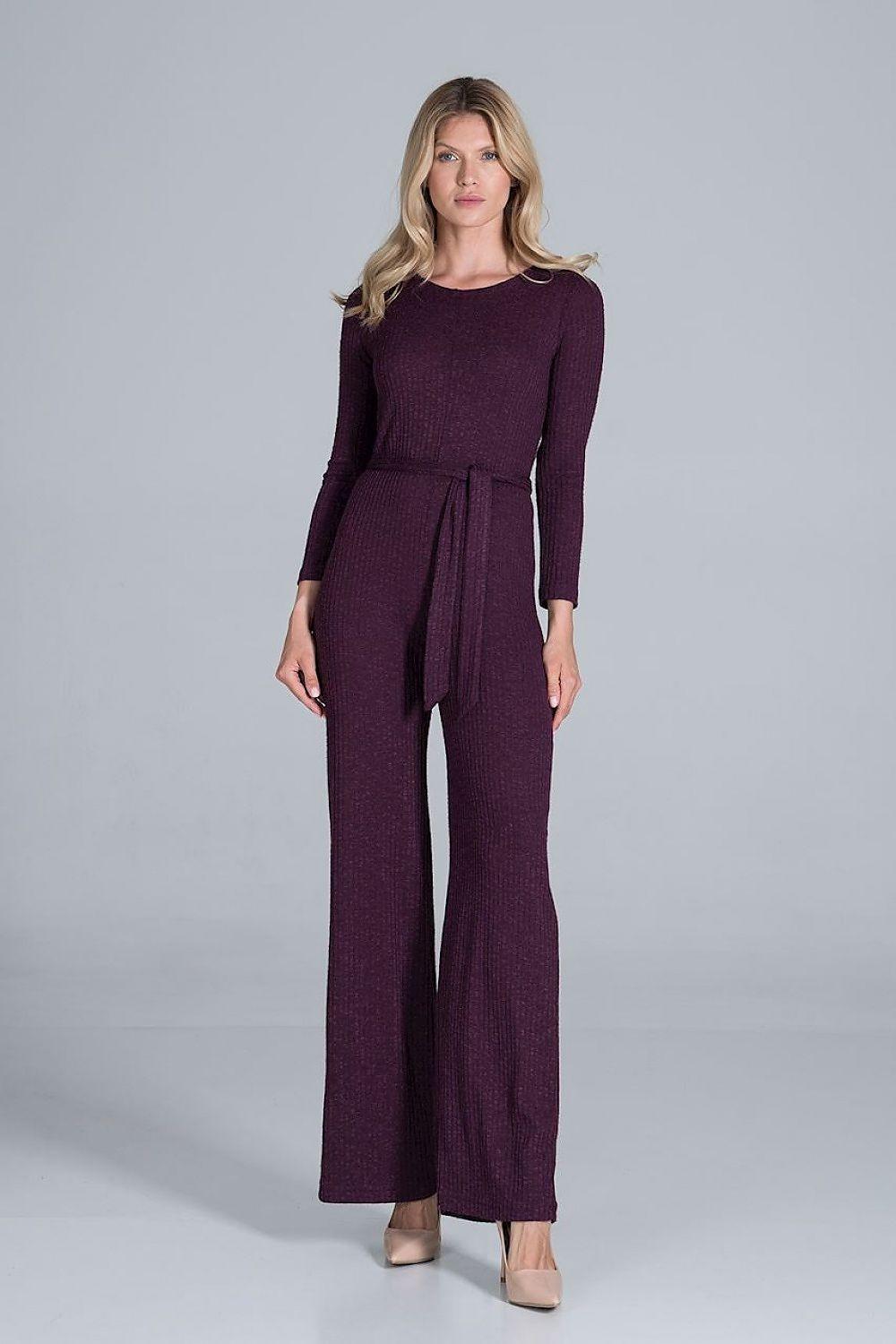 Violet ribbed knit jumpsuit with long sleeves and wide-leg pants, tied waist belt