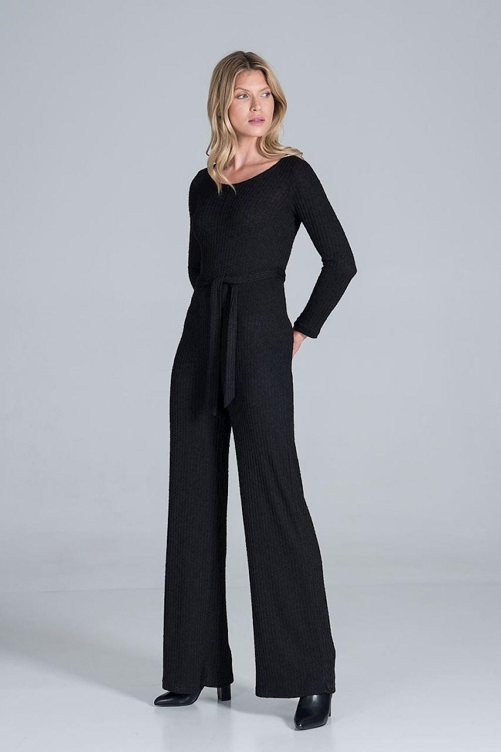 Figl black wide-leg jumpsuit with long sleeves and V-neck front