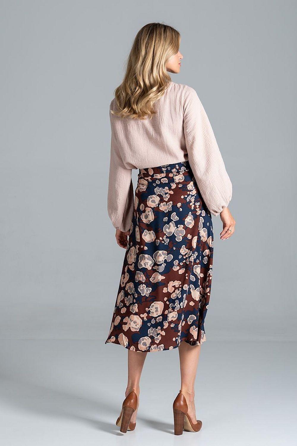 Midi skirt with navy and light pink character print, back view, gathered waist and hem